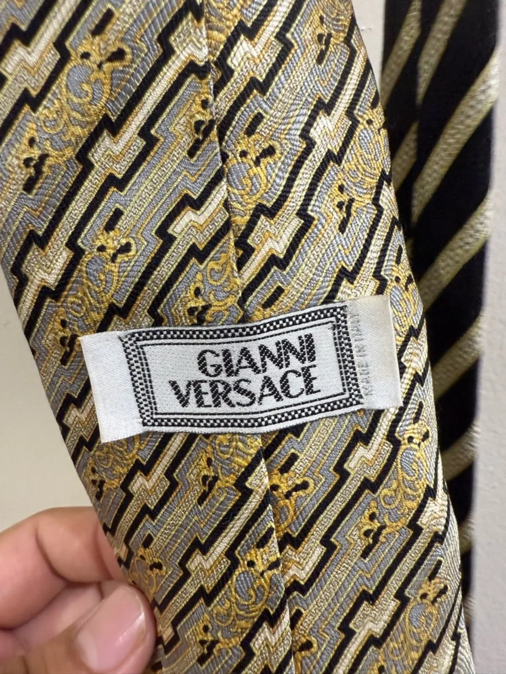Gianni Versace Black and Yellow Geometric Silk Tie